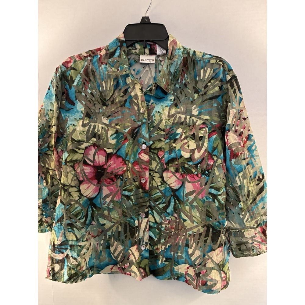 Chicos Tropical Floral Sheer Blouse Womens Size 1 Button Front Career Top